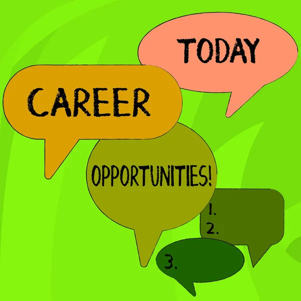 Conceptual hand writing showing Career Opportunities. Business photo text a chance or situation of having a job employment Speech Bubble in Different Sizes and Shade Group Discussion. — Stock Photo, Image