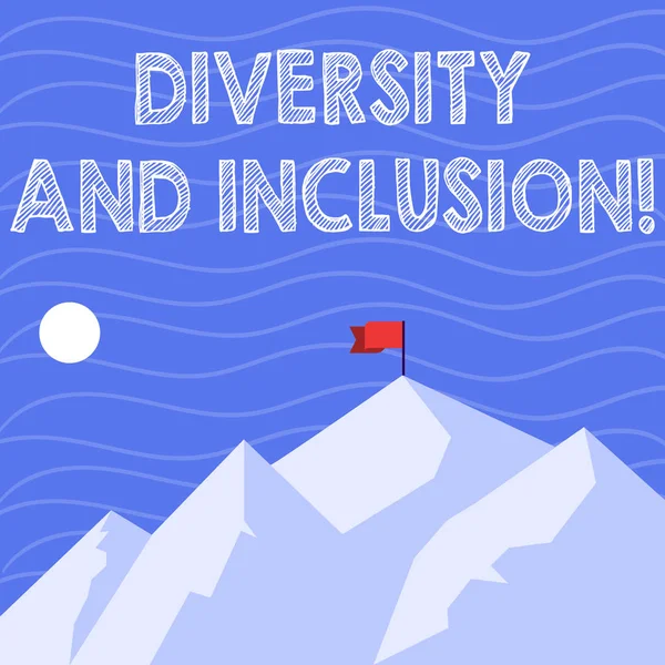 Text sign showing Diversity And Inclusion. Conceptual photo range huanalysis difference includes race ethnicity gender Mountains with Shadow Indicating Time of Day and Flag Banner on One Peak.