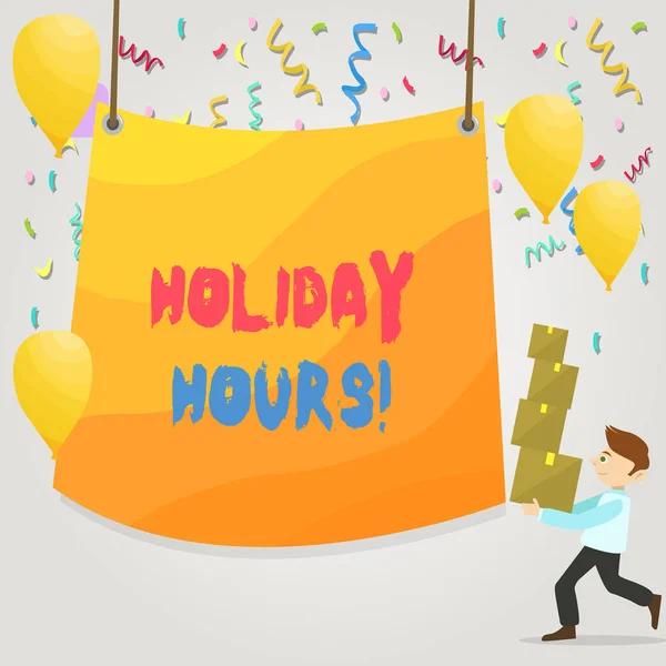 Conceptual hand writing showing Holiday Hours. Business photo text Overtime work on for employees under flexible work schedules Man Carrying Pile of Boxes with Tarpaulin in Center Balloons.