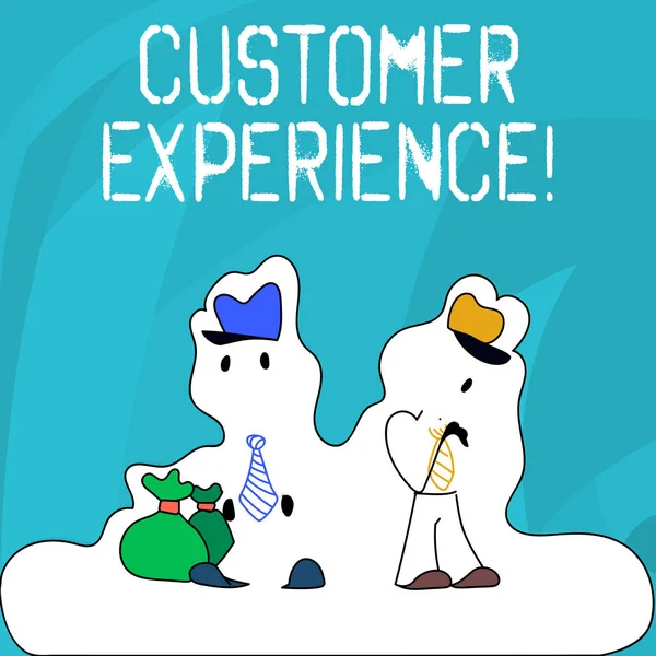 ワードライティングテキスト顧客体験。組織と買い手の間の相互作用の製品のためのビジネスコンセプト2人の男性の図は、白いステッカースタイル雪の効果にポーチバッグに立って. — ストック写真