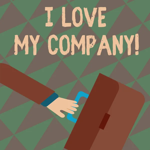 Text skylt som visar jag älskar mitt företag. Konceptuella foto berätta varför beundra deras jobb och arbetsplats rusa affärsman arm vajade längre bak och hand håller färg portföljen. — Stockfoto