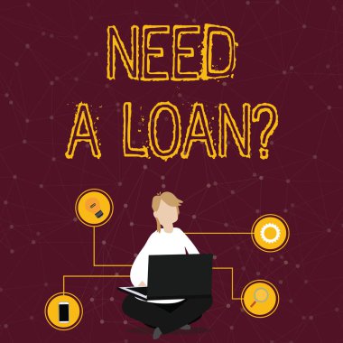 Kelime yazma metni Borç Sorusu Gerekiyor. Para isteme konsepti. Faiziyle birlikte geri ödenmesi bekleniyor. Zeminde Çapraz Bacaklı Kadın, Teknik Simgelerle Dizüstü Bilgisayarı inceliyor..