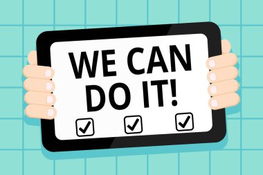 Biz Yapabilirim Gösteren Kavramsal el yazısı. İş fotoğraf vitrin ilerki Gadget'ın Ekran El Arkası ile Renkli Tablet Smartphone gösteren güçlü yetenekli olarak kendinizi görmek.