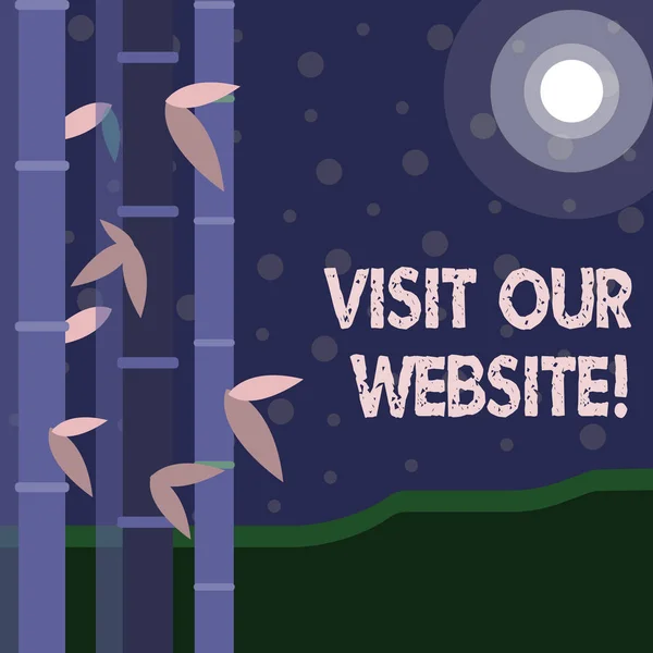 필기 텍스트 는 우리의 웹 사이트를 방문하십시오. 컨셉은 웹 사이트에 도착하고 둥근 빔으로 왼쪽에 잎이 많은 대나무의 다채로운 세트와 달 또는 태양을 탐색 하는 진행 방문자를 의미. — 스톡 사진