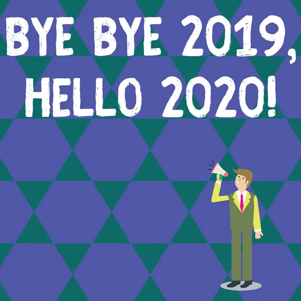 Texto de escritura de palabras Bye Bye 2019 Hello 2020 Concepto de negocio para despedirse del año pasado y dar la bienvenida a otro buen hombre de negocios Looking Up, Holding and Talking on Megaphone with Volume Icon . —  Fotos de Stock