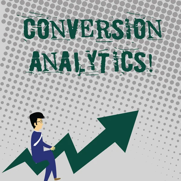 Handgeschreven tekst schrijven conversie analyse. Concept betekenis actie die s wordt geteld wanneer iemand communiceert met AD zakenman met brillen rijden kromme kleur pijl wijzend omhoog. — Stockfoto
