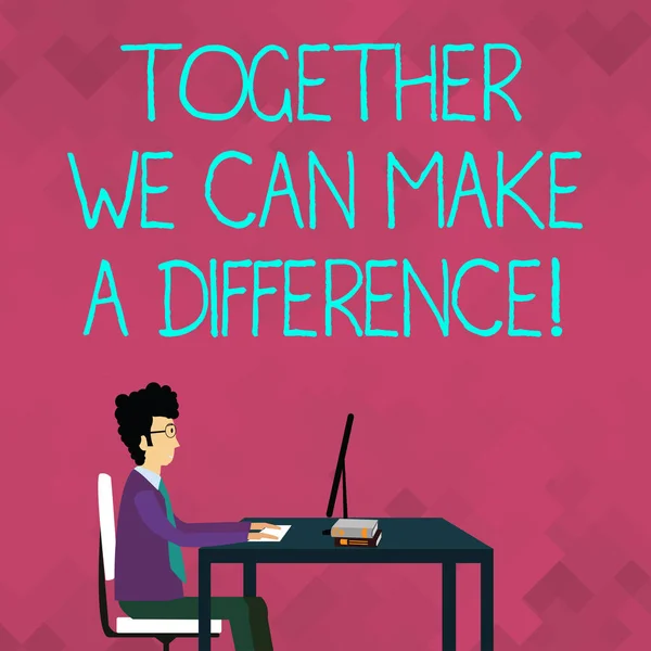 Ordskrivning text tillsammans Vi kan göra en skillnad. Affärsidé för att vara mycket viktigt på något sätt i som team eller grupp Affärsman sitter rakt på stol arbetar med dator och böcker på bordet. — Stockfoto