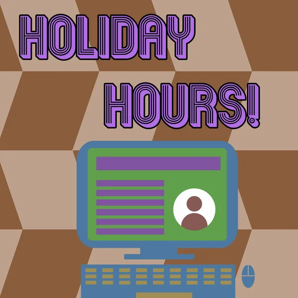 Writing note showing Holiday Hours. Business photo showcasing Overtime work on for employees under flexible work schedules Computer Mounted on Stand with Online Profile Data on Screen.