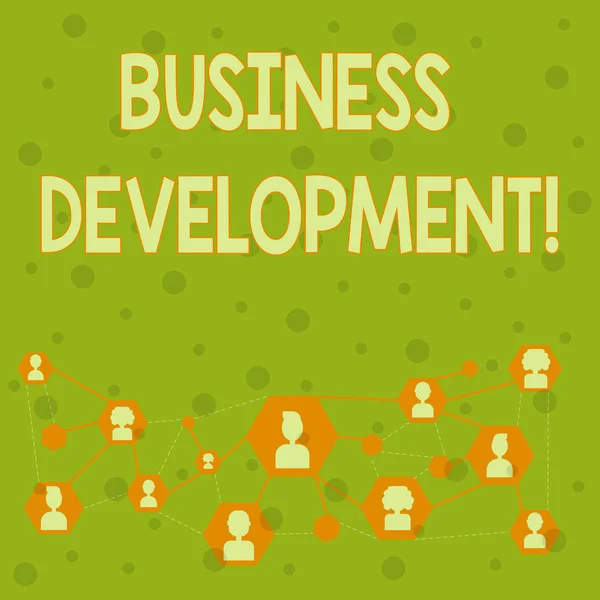 Word writing text Business Development. Business concept for pursuing strategic opportunities for a certain business Online Chat Head Icons with Avatar and Connecting Lines for Networking Idea. — Stock Photo, Image