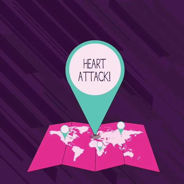 Εννοιολογική γραφή στο χέρι που δείχνει καρδιακή προσβολή. Επαγγελματική φωτογραφία που προβάλλει ξαφνική εμφάνιση στεφανιαία θρόμβωση με αποτέλεσμα το θάνατο πολύχρωμο PIN θέση που οδηγεί σε περιοχή ή διεύθυνση GPS στο χάρτη. — Φωτογραφία Αρχείου