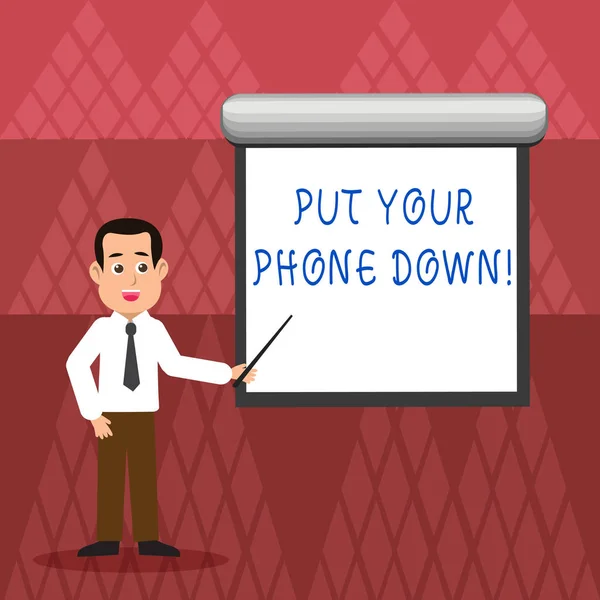 Writing note showing Put Your Phone Down. Business photo showcasing end telephone connection saying goodbye caller Man in Necktie Holding Stick Pointing White Screen on Wall. — 스톡 사진