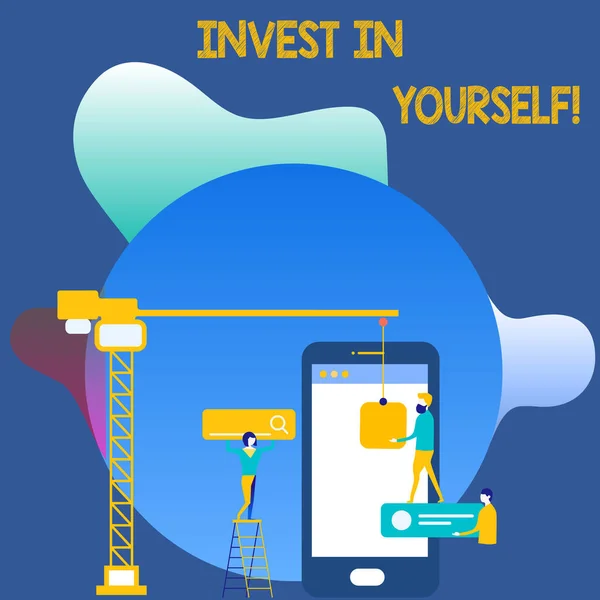 Writing note showing Invest In Yourself. Business photo showcasing learn new things or materials thus making your lot better Staff Working Together for Common Target Goal with SEO Process Icons. — 스톡 사진