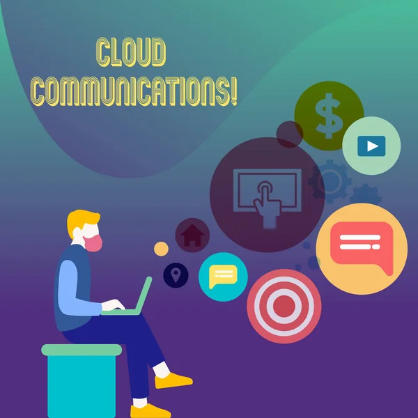 Escritura manual conceptual que muestra Cloud Communications. Texto de la foto de negocios la voz basada en Internet y las comunicaciones de datos Hombre sentado con el ordenador portátil y SEO Driver Iconos en el espacio en blanco . —  Fotos de Stock