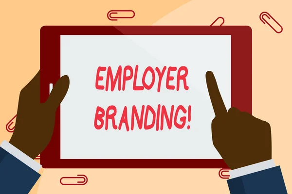 Writing note showing Employer Branding. Business photo showcasing promoting company employer choice to desired target group Businessman Hand Holding and Pointing Colorful Tablet Screen.