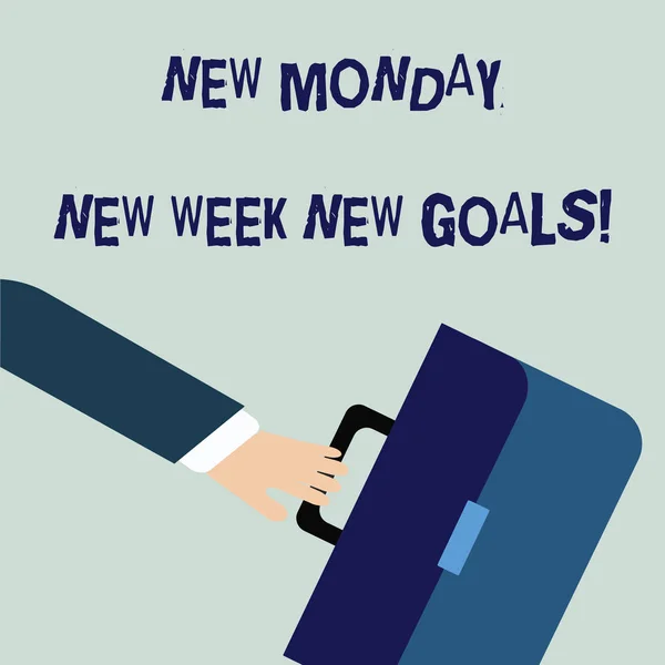 Psaní poznámky zobrazující New Monday New Week New Goals. Obchodní fotografie předvádějící víkend na rozloučenou začínající nové cíle spěchající podnikatel houpal dále Zpět a držení kufřík. — Stock fotografie