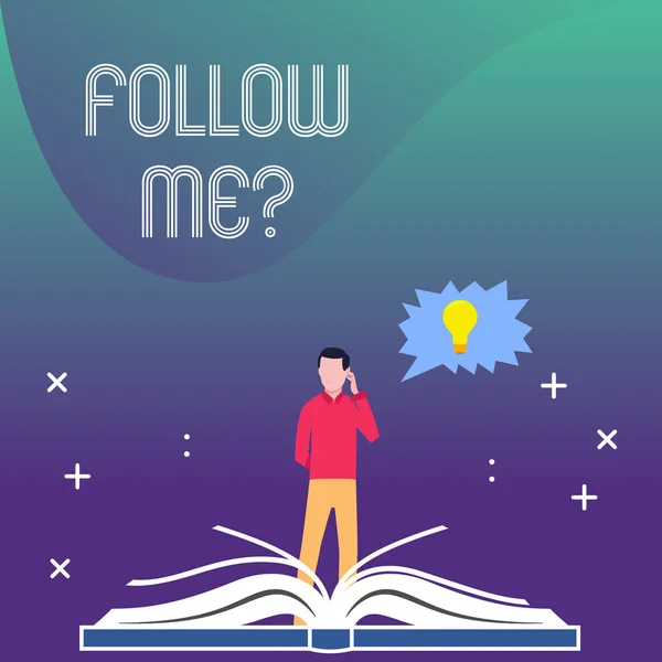 Pisanie notatki pokazującej Follow Me Question. Pokazywanie zdjęć biznesowych go lub come after demonstrating or thing going ahead Man Standing Behind Open Book Jagged Speech Bubble with Bulb. — Zdjęcie stockowe