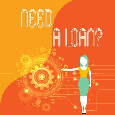 El yazısı metin Bir Kredi Soru gerekir. Kavram anlamı o faiz Kadın Ayakta ve Içinde Cog Wheel Gear ile Seo Süreci Sunan geri ödenen beklenen para ihtiyacı soran.