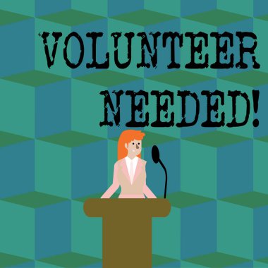 Gönüllü Gerekli gösteren kavramsal el yazısı. Podyum Rostrum Mikrofon konuşma Arkasında İş kadını ödeme olmadan organizasyon için çalışmak isteyen gösteren gösteren vitrin.