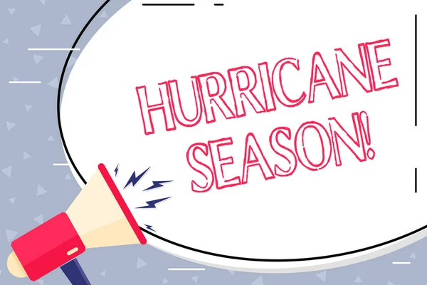 Text sign showing Hurricane Season. Conceptual photo time when most tropical cyclones are expected to develop Blank White Huge Oval Shape Sticker and Megaphone Shouting with Volume Icon.