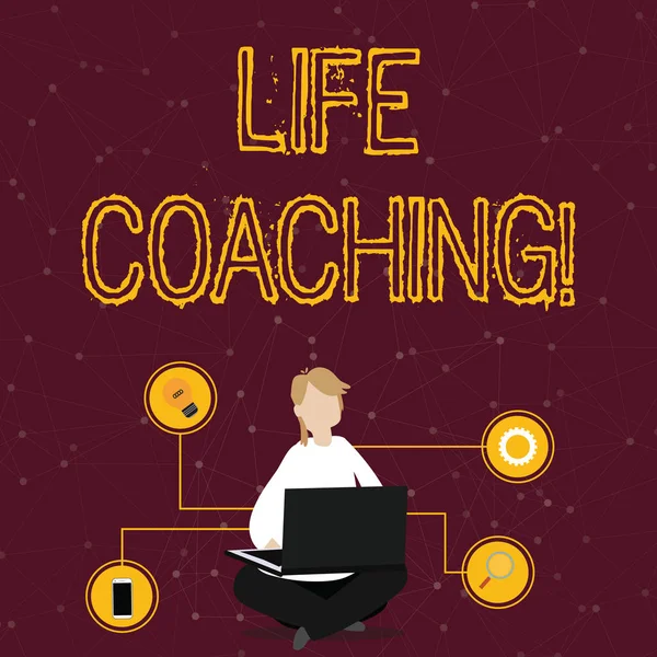Word writing text Life Coaching. Business concept for demonstrating employed to help showing attain their goals in career Woman Sitting Crossed Legs on Floor Browsing the Laptop with Technical Icons.