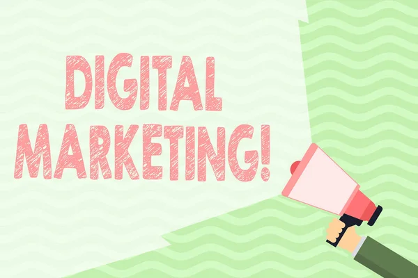 Conceptual hand writing showing Digital Marketing. Business photo showcasing market products or services using technologies on Internet Hand Holding Megaphone with Beam Extending the Volume Range.