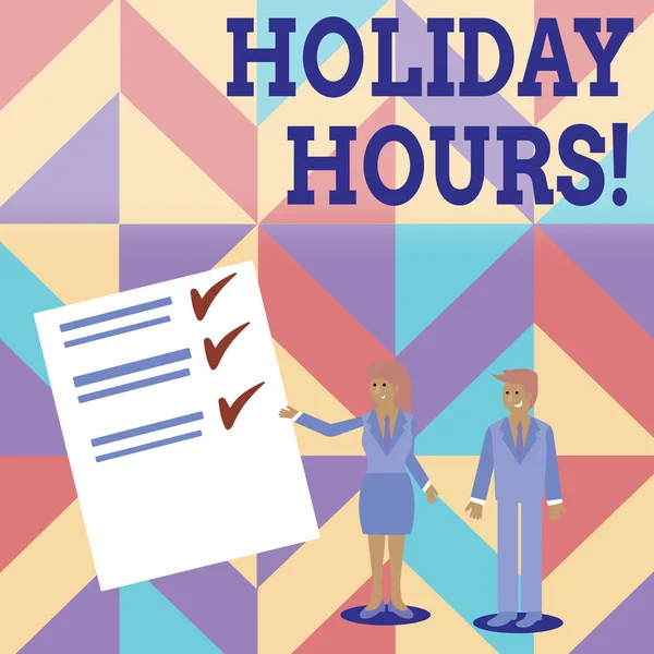 Conceptual hand writing showing Holiday Hours. Business photo text Overtime work on for employees under flexible work schedules Man and Woman Presenting Report of Check and Lines on Paper. — Stock Photo, Image