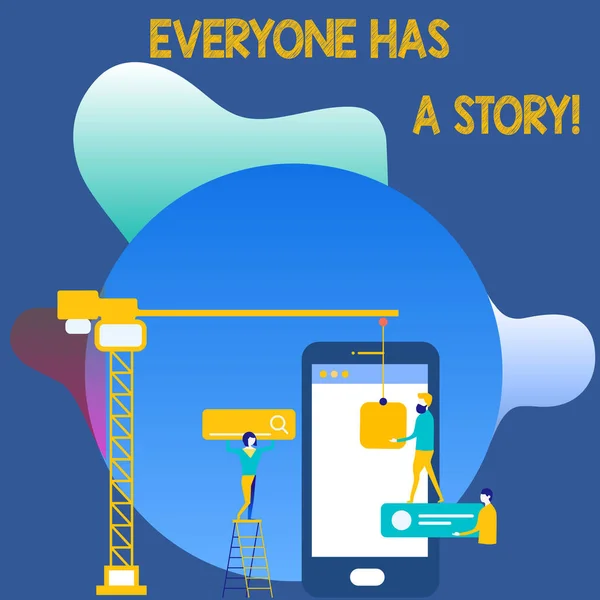 Writing note showing Everyone Has A Story. Business photo showcasing account of past events in someones life or career Staff Working Together for Common Target Goal with SEO Process Icons. — 스톡 사진