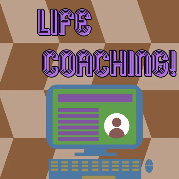 Writing note showing Life Coaching. Business photo showcasing demonstrating employed to help showing attain their goals in career Computer Mounted on Stand with Online Profile Data on Screen.