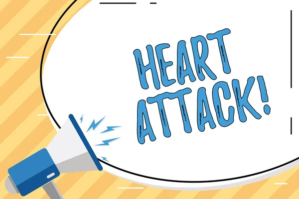 Word writing text Heart Attack. Business concept for sudden occurrence of coronary thrombosis resulting in death Blank White Huge Oval Shape Sticker and Megaphone Shouting with Volume Icon. — 스톡 사진