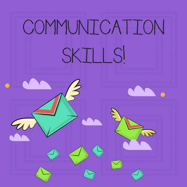 Writing note showing Communication Skills. Business photo showcasing ability to convey information to another effectively Colorful Airmail Letter Envelopes and Two of Them with Wings. — Stock Photo, Image