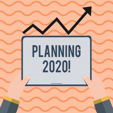 Kelime Yazma Planlama 2020. Gelecek yıl El Tutma Boş Ekran Tableti Altında Yukarı Giden Siyah İlerici Ok için plan yapma süreci konsepti..