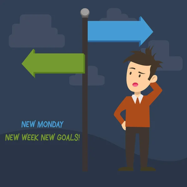 Text sign showing New Monday New Week New Goals. Conceptual photo goodbye weekend starting fresh goals targets Man Confused with the Road Sign Arrow Pointing to Opposite Side Direction. — Stock Photo, Image