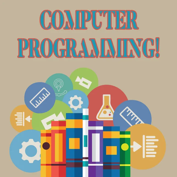 Word writing text Computer Programming. Business concept for process that instructs a computer on how to do a task Books Arranged Standing Up in Row with Assorted Educational Icons Behind. — 스톡 사진