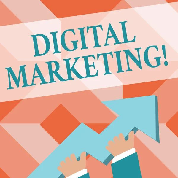 Writing note showing Digital Marketing. Business photo showcasing market products or services using technologies on Internet photo of Hand Holding Colorful Huge 3D Arrow Pointing and Going Up. — 스톡 사진