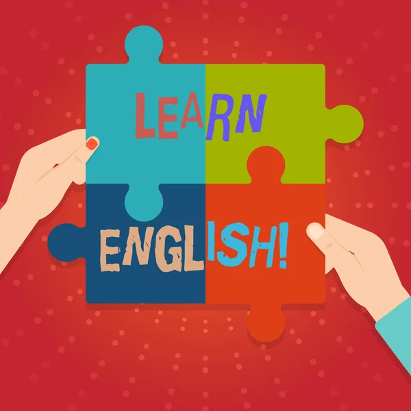 Text sign showing Learn English. Conceptual photo gain acquire knowledge in new language by study Four Blank Multi Color Jigsaw Puzzle Tile Pieces Put Together by Human Hands. — Stock Photo, Image
