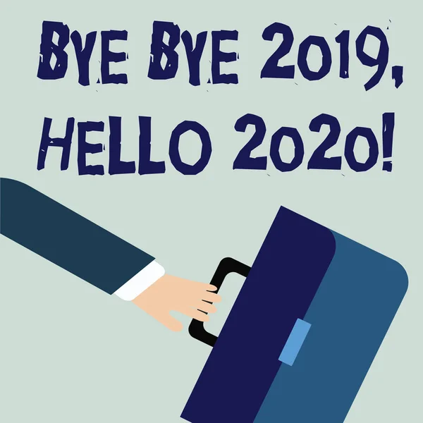 Нотатка із зображенням Bye Bye 2019 Hello 2020: ділова фотографія, що показує прощання з минулим роком і вітання ще одного хорошого Rushing Businessman Swayed Farther Back and Holding Briefcase. — стокове фото