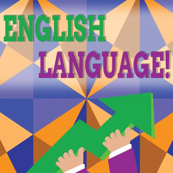 Word writing text English Language. Business concept for third spoken native lang in world after Chinese and Spanish photo of Hand Holding Colorful Huge 3D Arrow Pointing and Going Up. — Stock Photo, Image