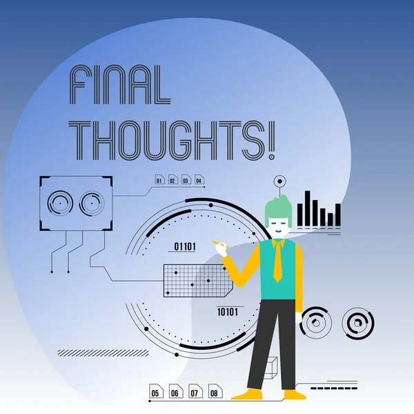 Conceptual hand writing showing Final Thoughts. Business photo text should be last few sentences within your conclusions Man Holding Pen Pointing to Chart Diagram SEO Process Icons. — Stock Photo, Image