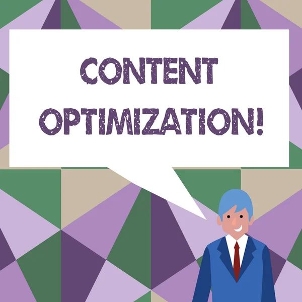 Writing note showing Content Optimization. Business photo showcasing techniques to improve search results and ranking Businessman Smiling and Talking Blank Color Speech Bubble.