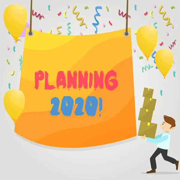 Planlama 2020 gösteren kavramsal el yazısı. Merkezi Balonlar Branda ile Kutuları Yığın Taşıma Gelecek yıl Adam Taşıma bir şey için planlar yapma İş fotoğraf metin süreci. — Stok fotoğraf