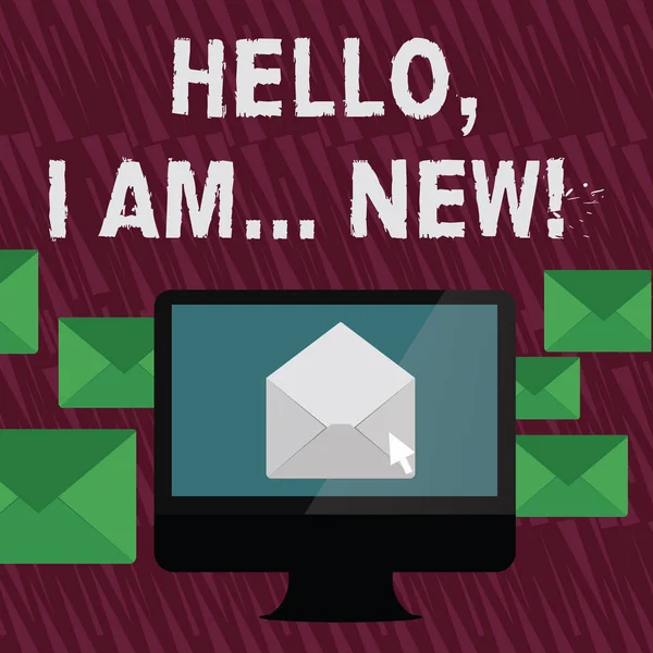 Text sign showing Hello I Am New. Conceptual photo used greeting or begin telephone conversation Open Color Envelope inside Computer Screen. Letter Casing Surrounds the PC.