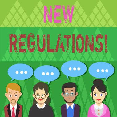 Yeni Düzenlemeleri gösteren metin işareti. Kavramsal fotoğraf kuralları hükümet sipariş kontrol bir şey yapılan İş Adamları Grubu Boş Renkli Sohbet Konuşma Balonu ile Üç Nokta ile yapılan.