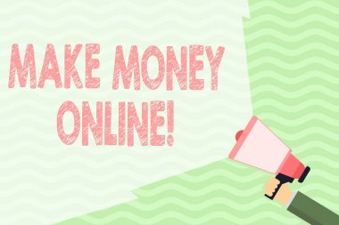 Make Money Online'ı gösteren kavramsal el yazısı. İş fotoğraf freelancing veya pazarlama El Holding Megafon Ile Hacim Aralığı Uzanan ile internet kullanarak kar yapma vitrin.
