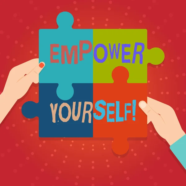 Text sign showing Empower Yourself. Conceptual photo taking control of our life setting goals and making choices Four Blank Multi Color Jigsaw Puzzle Tile Pieces Put Together by Human Hands. — Stock Photo, Image