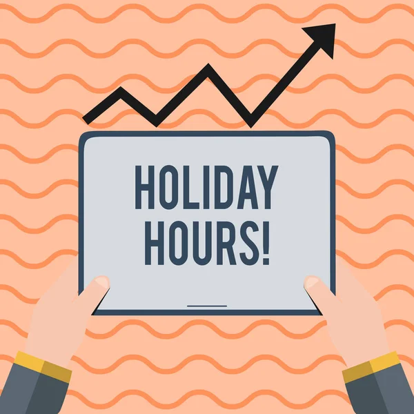 Word writing text Holiday Hours. Business concept for Overtime work on for employees under flexible work schedules Hand Holding Blank Screen Tablet under Black Progressive Arrow Going Upward. — Stock Photo, Image