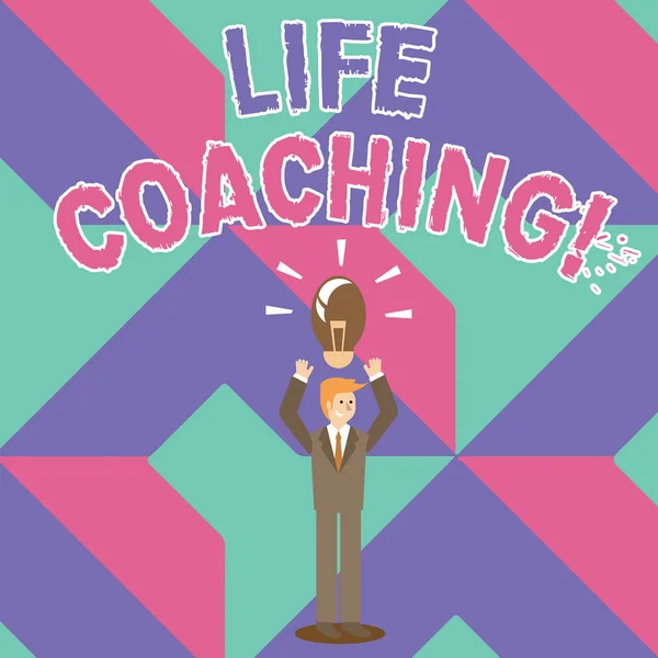 Writing note showing Life Coaching. Business photo showcasing demonstrating employed to help showing attain their goals in career Businessman Raising Arms Upward with Lighted Bulb icon above. — 스톡 사진