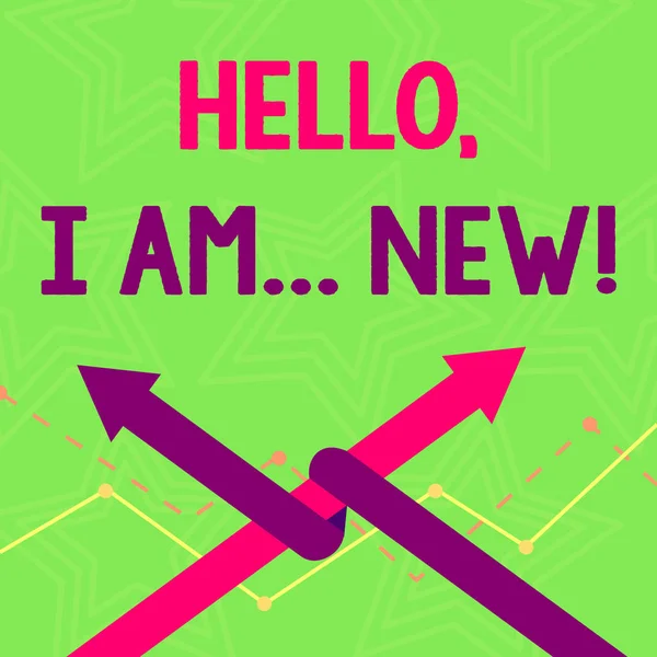 Text sign showing Hello I Am New. Conceptual photo used greeting or begin telephone conversation Two Arrows where One is Intertwined to the other as Team Up or Competition.