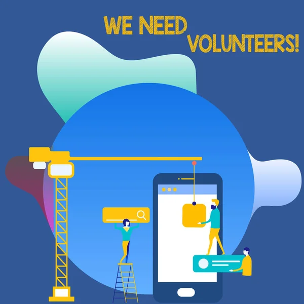 Writing note showing We Need Volunteers. Business photo showcasing someone who does work without being paid for it Staff Working Together for Common Target Goal with SEO Process Icons. — 스톡 사진