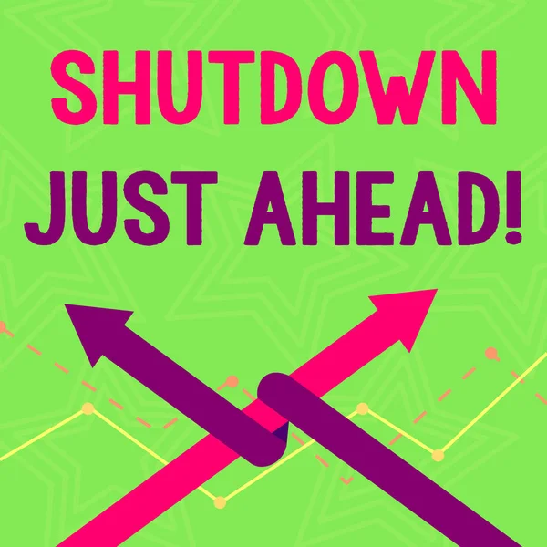 Text sign showing Shutdown Just Ahead. Conceptual photo closing factory business either short time or forever Two Arrows where One is Intertwined to the other as Team Up or Competition. — Stock Photo, Image