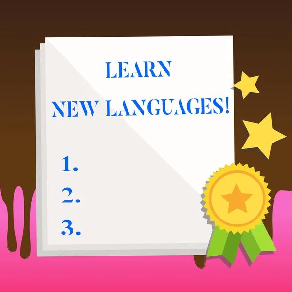 Text sign showing Learn New Languages. Conceptual photo developing ability to communicate in foreign lang White Blank Sheet of Parchment Paper Stationery with Ribbon Seal Stamp Label. — Stock Photo, Image